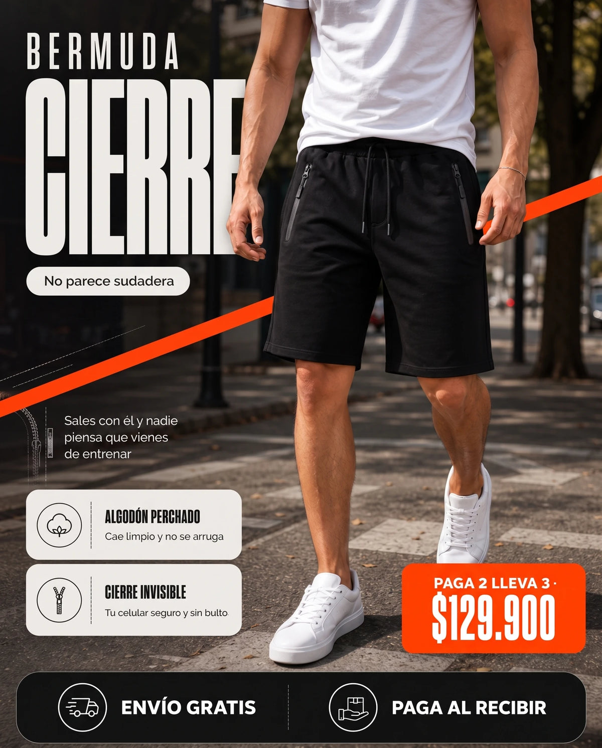 Bermuda Comfy con cierres laterales para hombre en negro