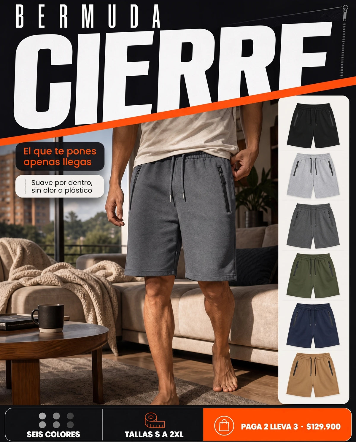Bermuda Comfy con cierres laterales para hombre en gris
