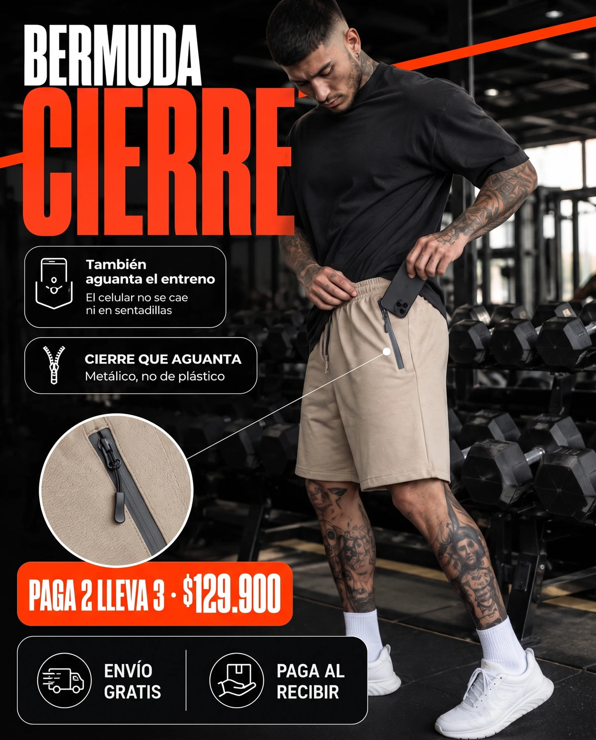 Bermuda Comfy con cierres laterales para hombre en beige