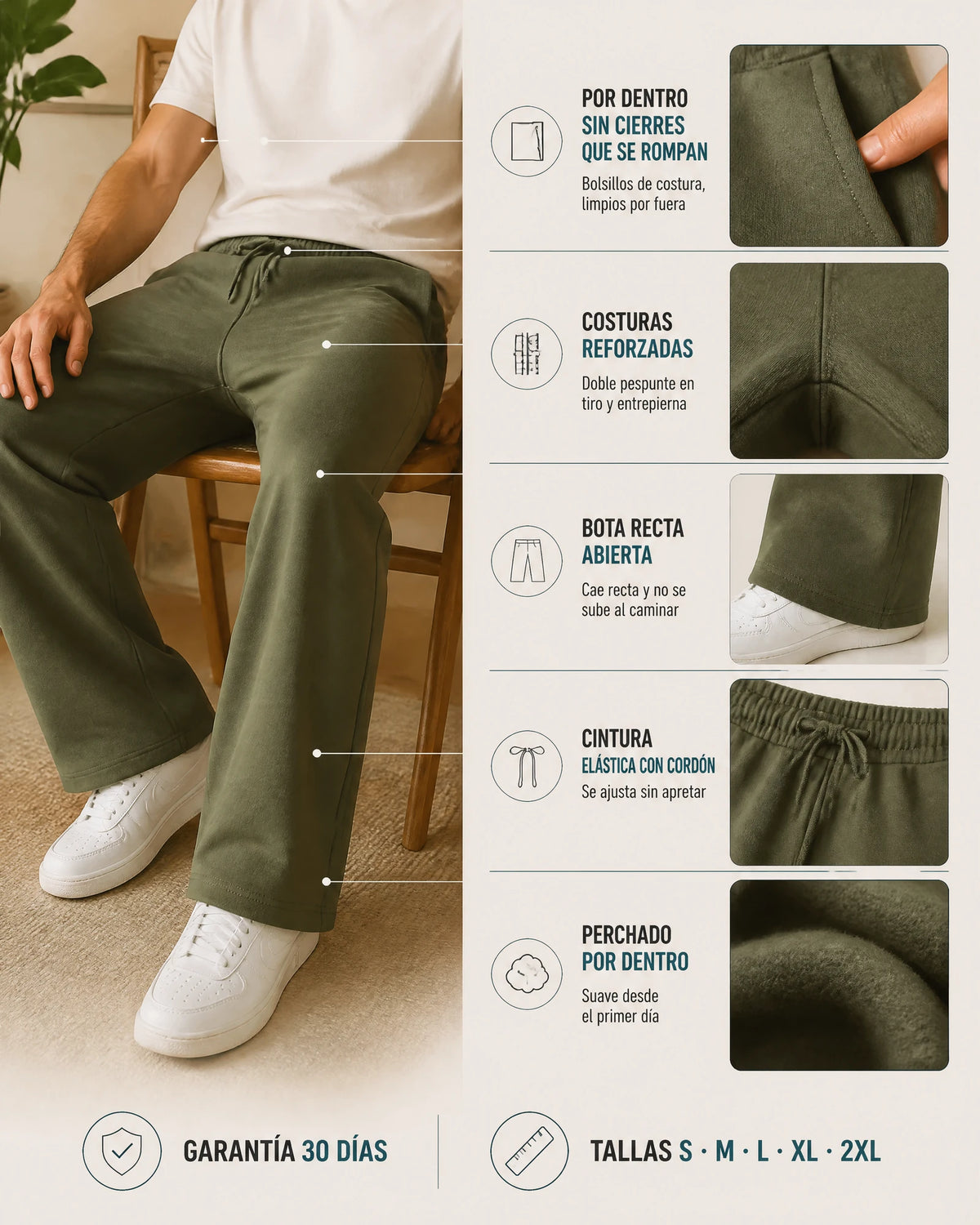 Jogger Element en verde militar: bolsillos por dentro sin cierres, costuras reforzadas, bota recta abierta, cintura elástica con cordón y perchado por dentro. Garantía 30 días, tallas S a 2XL
